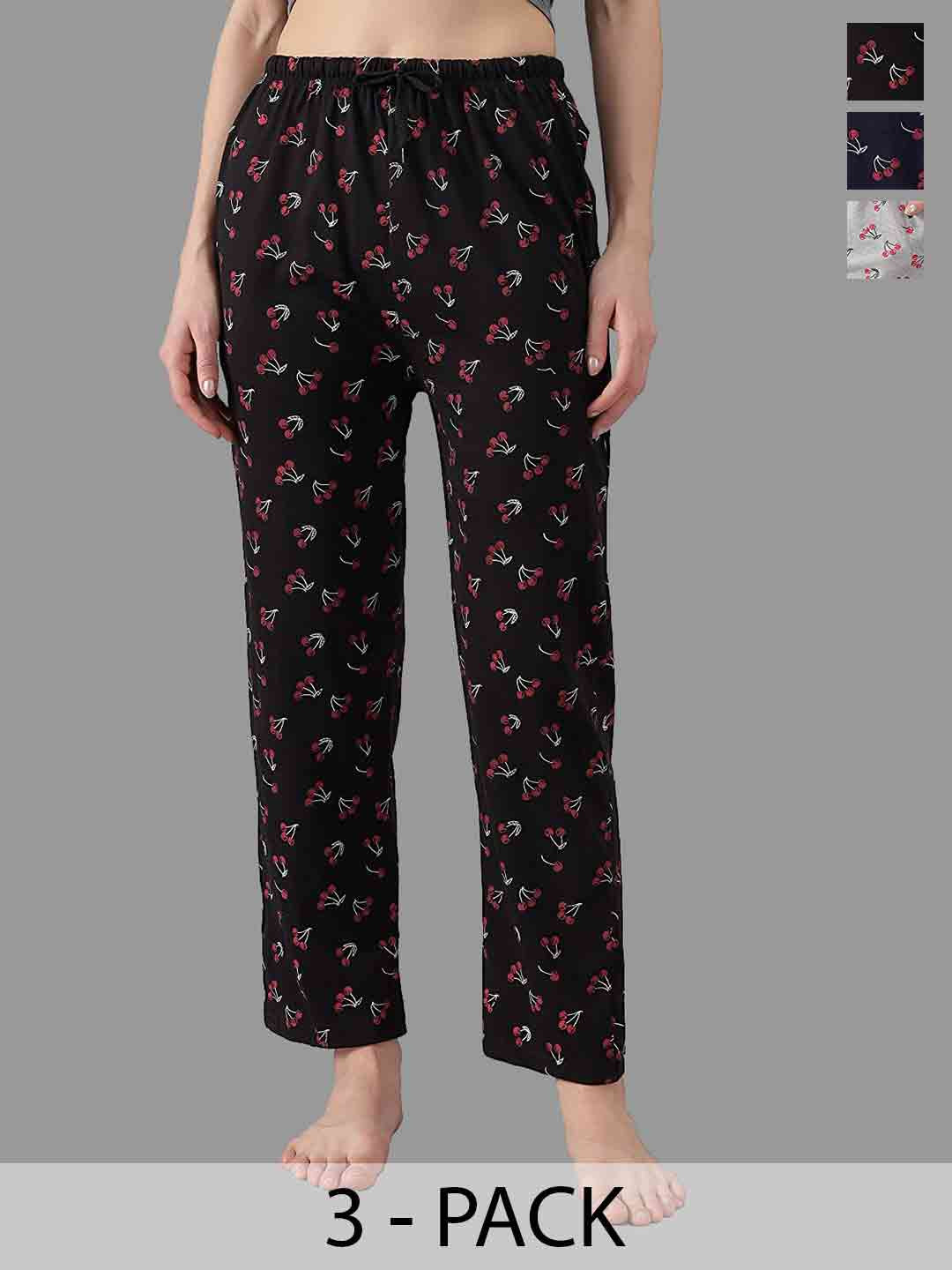 FIT N FAME Women Pack Of 3 Multi Color Printed Cotton Lounge Pyjama with Side Pockets