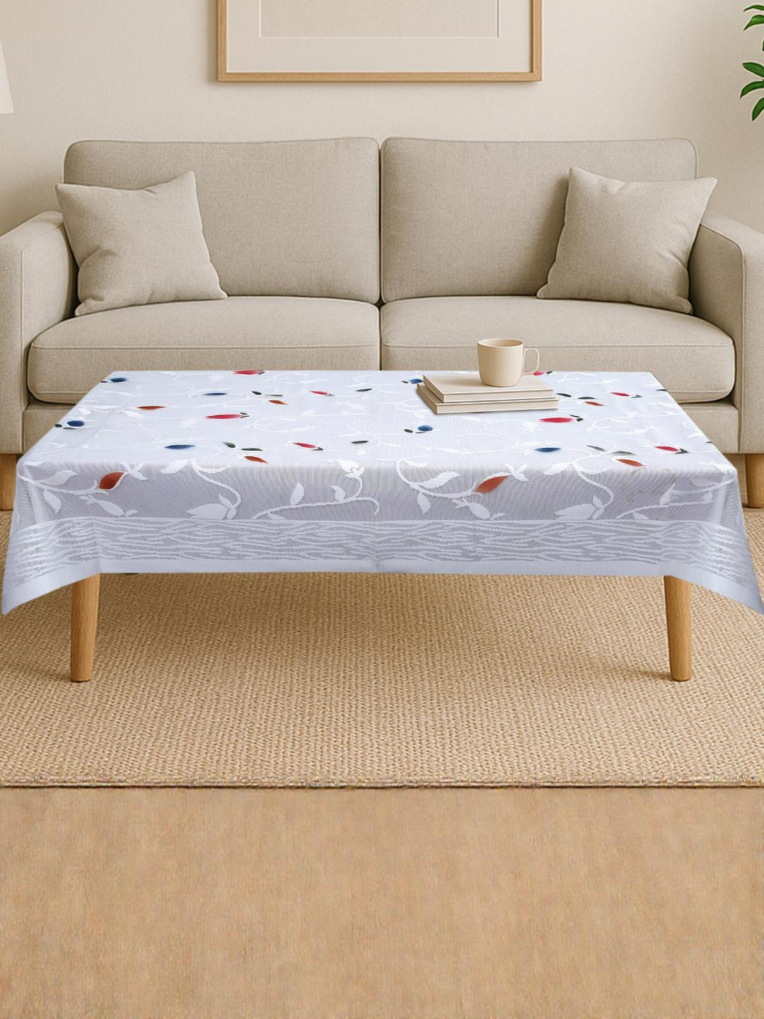 CROSMO White Floral Embroidered 4-Seater Cotton Table Cover
