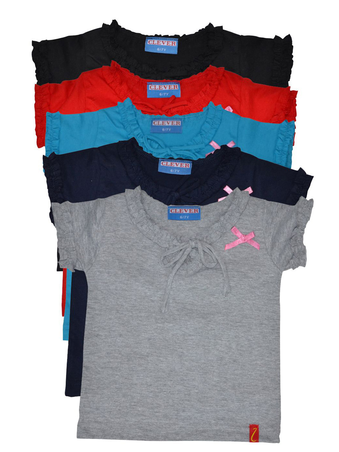 CLEVER Girls Pack Of 5 Tie Up Neck Ruffles Tops