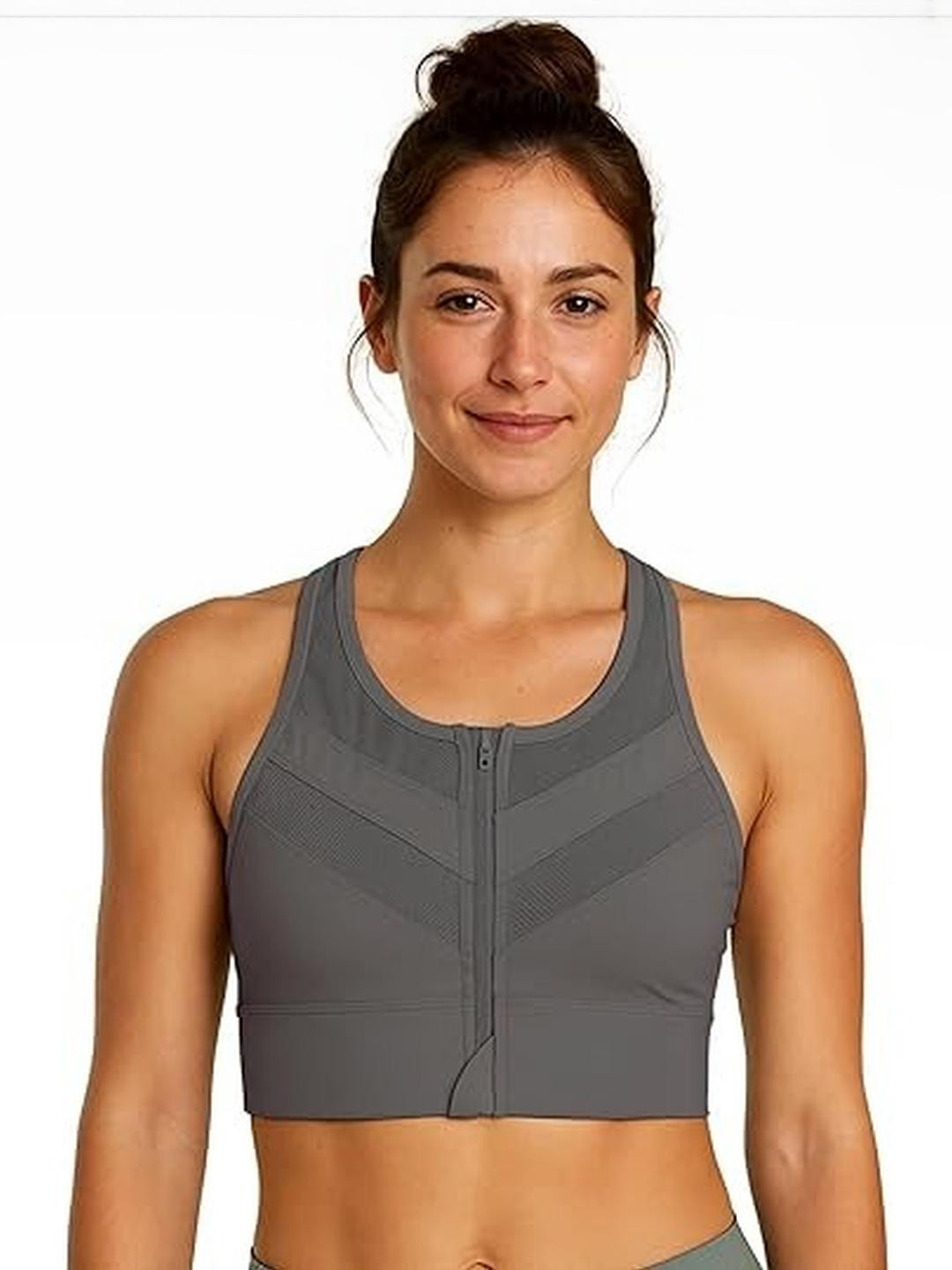 Eleg & Stilance Women Grey Full Coverage Lightly Padded & Front Zip Mesh Racerback Bra