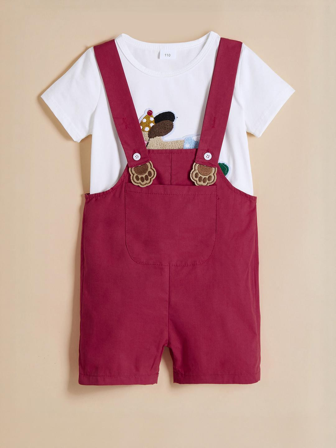 Hopscotch Kids White & Red Puppy Applique T-shirt & Dungaree Set