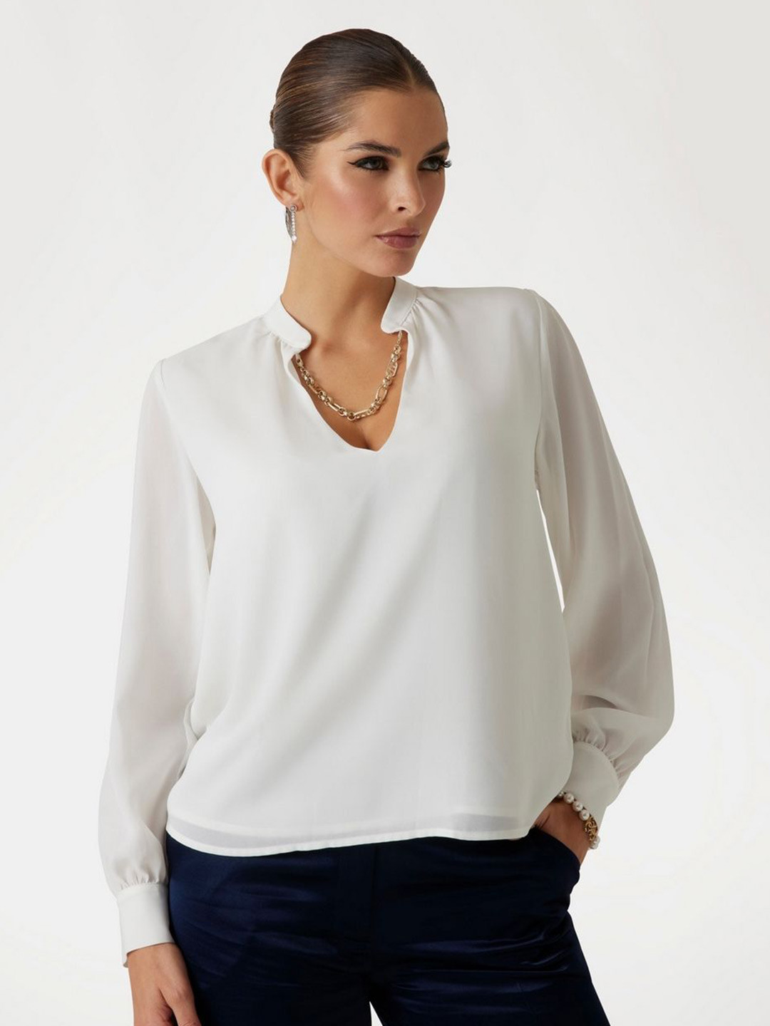 Marciano By Guess Women Solid Mandarin Collar Long Sleeves Top