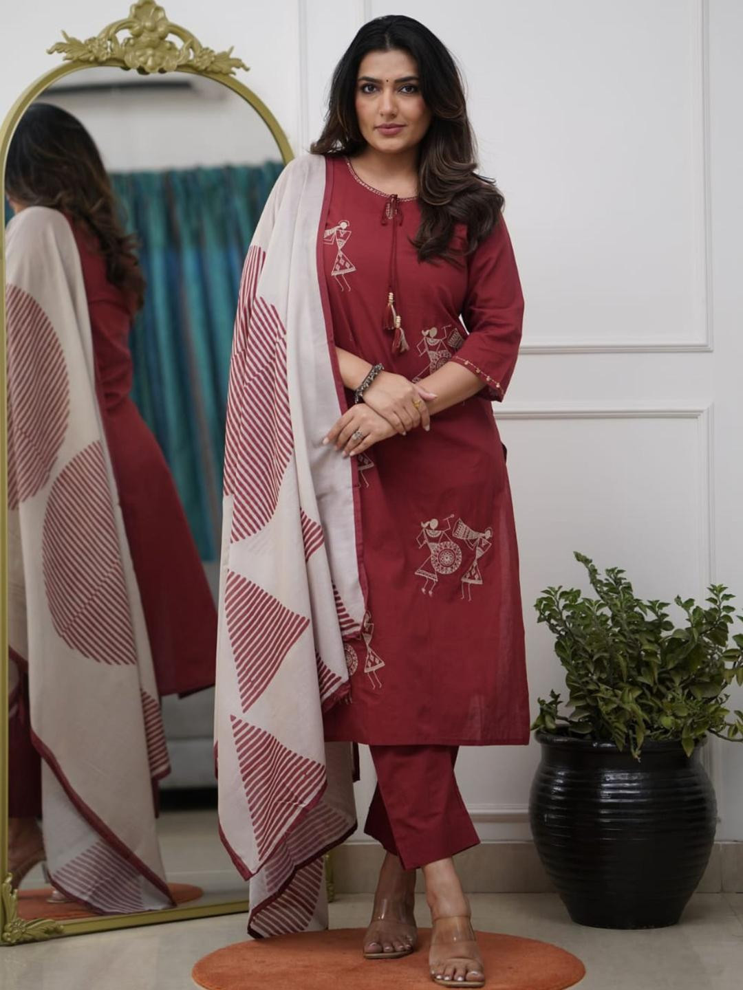 KALINI Women Maroon Pure Silk Printed Kurta with Trousers & Dupatta