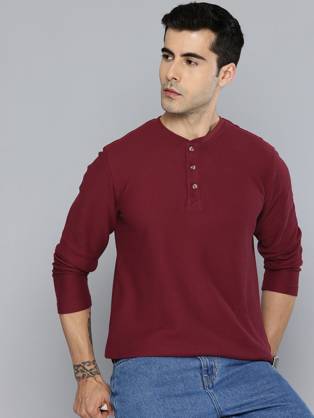 Indian Terrain Self Design Textured Henley Neck T-shirt