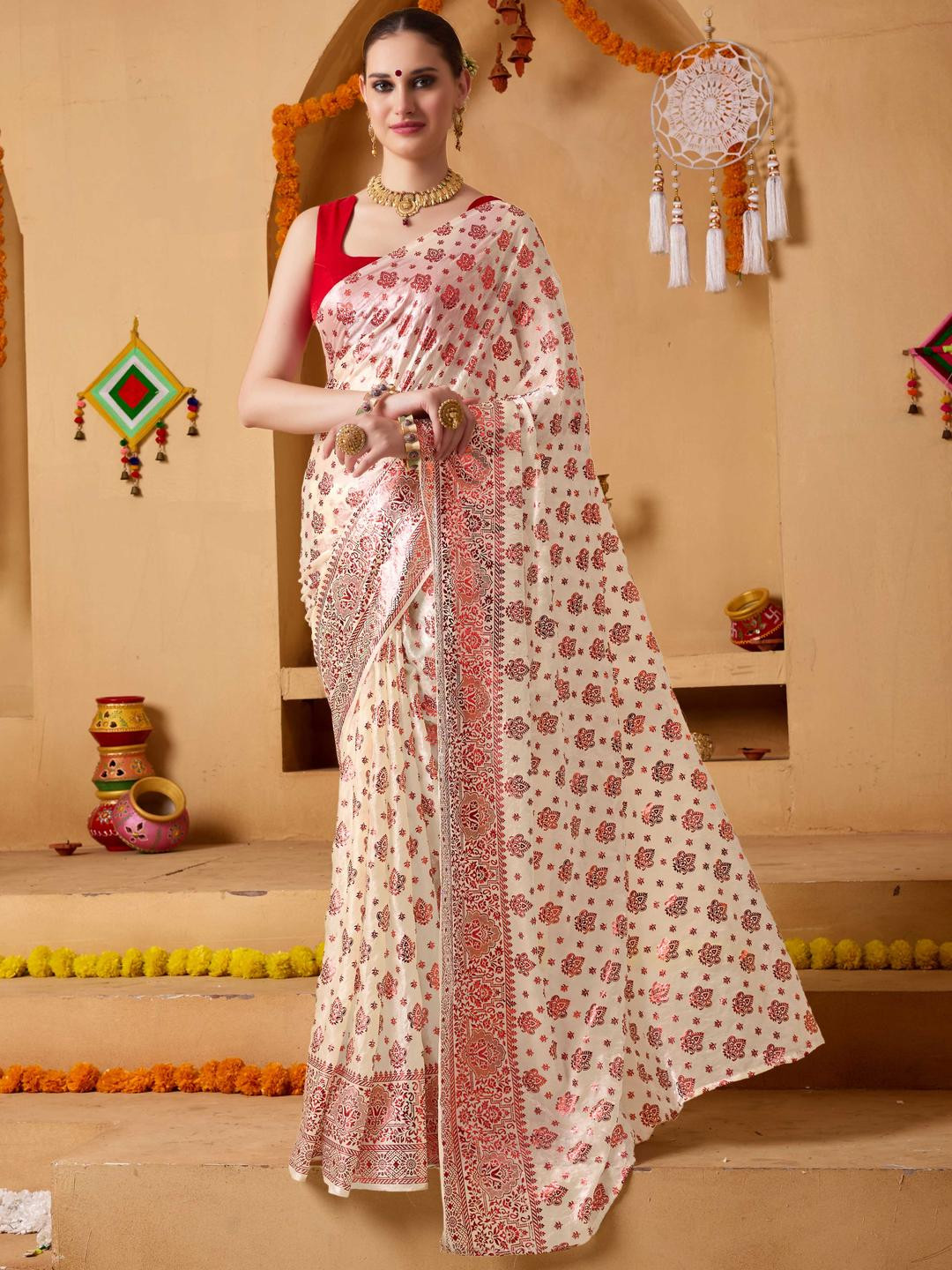 RACHNA Foil Floral Printed Fandy Ready To Wear Saree
