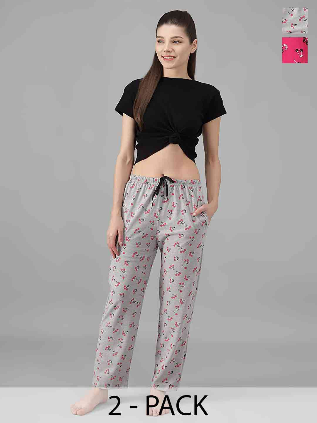 FIT N FAME Women Pack Of 2 Pink & Grey Cherry Printed Relaxed-Fit Cotton Mid-Rise Pyjamas