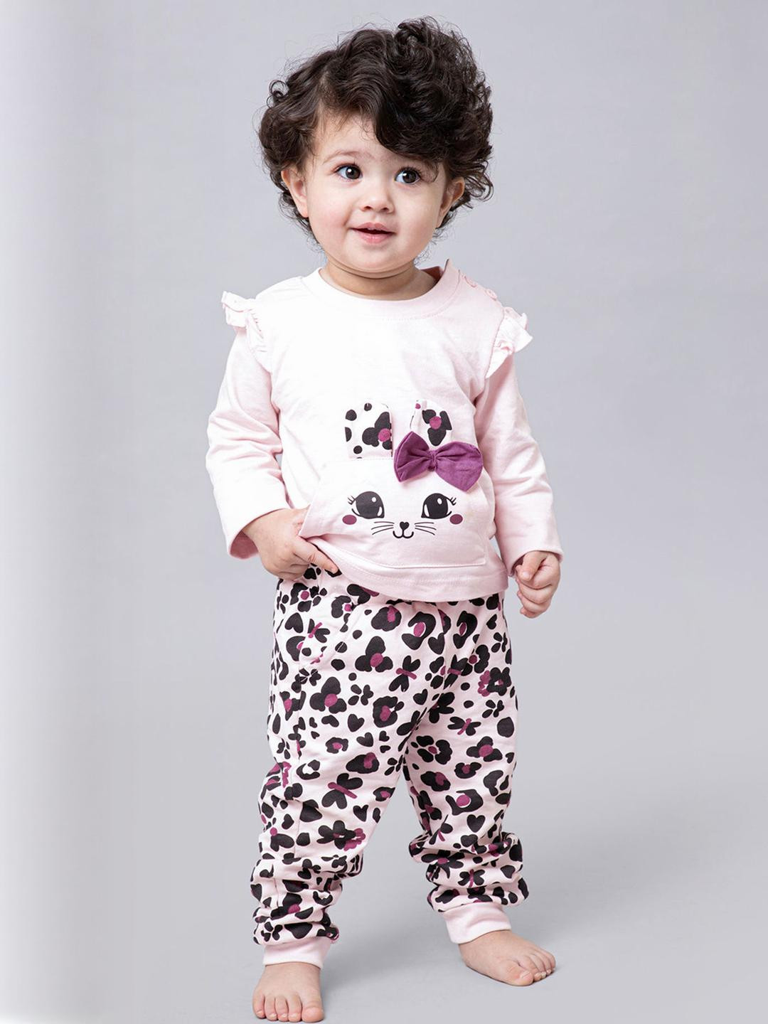 Hopscotch Girls Pink & Multi Colored Cat T-shirt & Printed Joggers Set