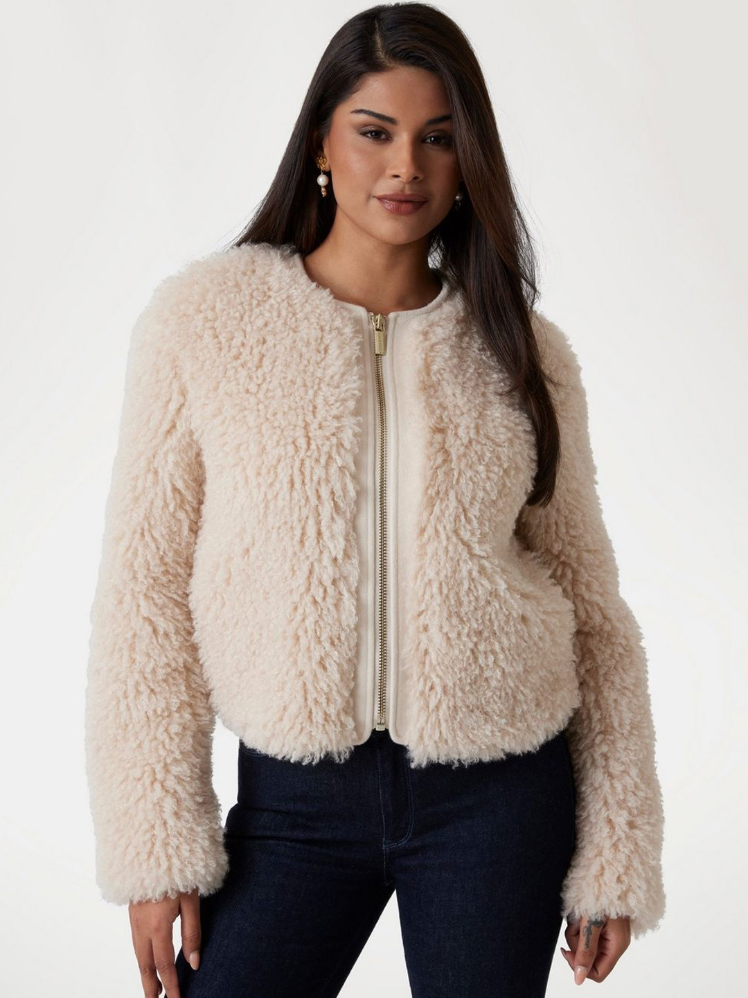 Marciano By Guess Women Collarless Solid Sherpa Jacket
