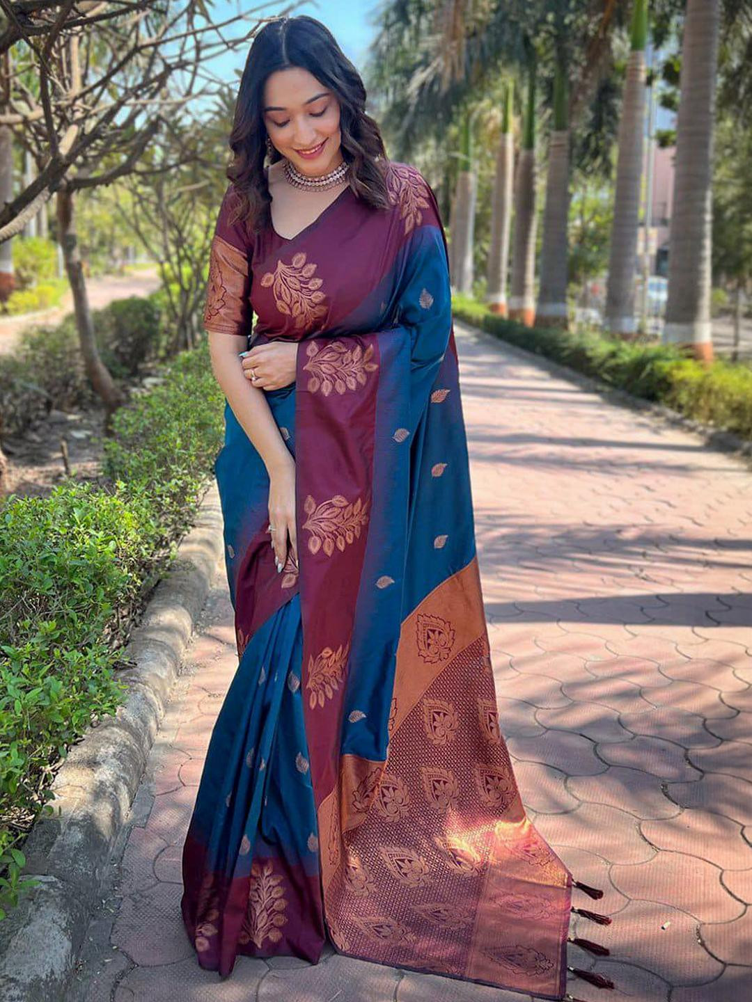 GHAN SALS Navy Blue Silk Blend Woven Design Sarees