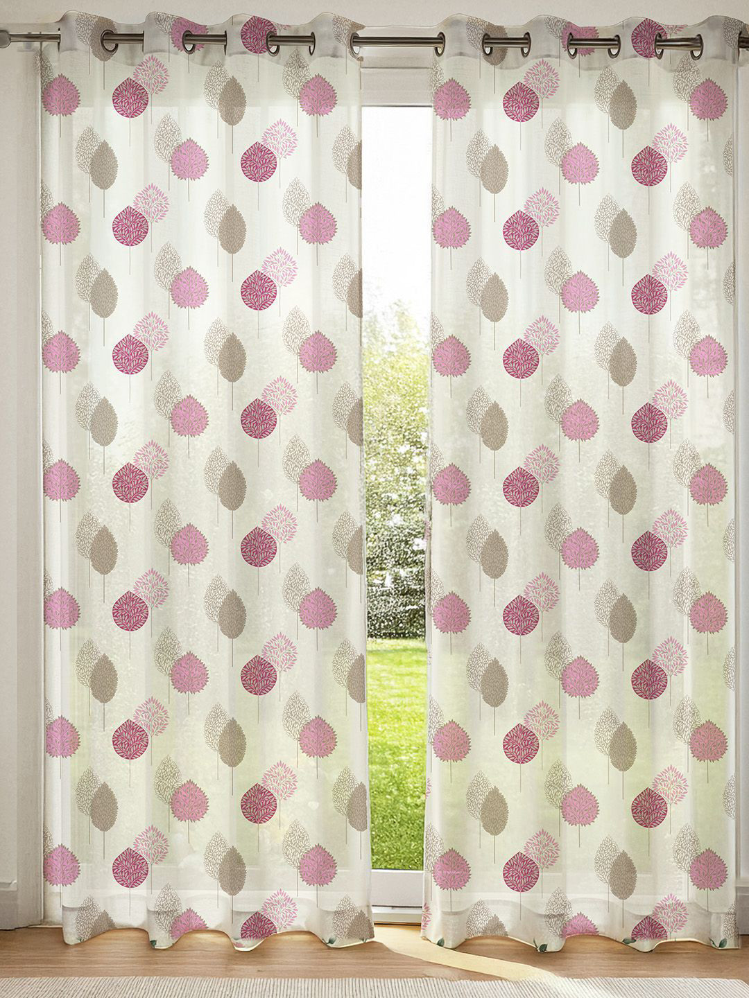 URBAN SPACE White & Pink 2 Pieces Leaf Printed Sheer Long Door Curtains