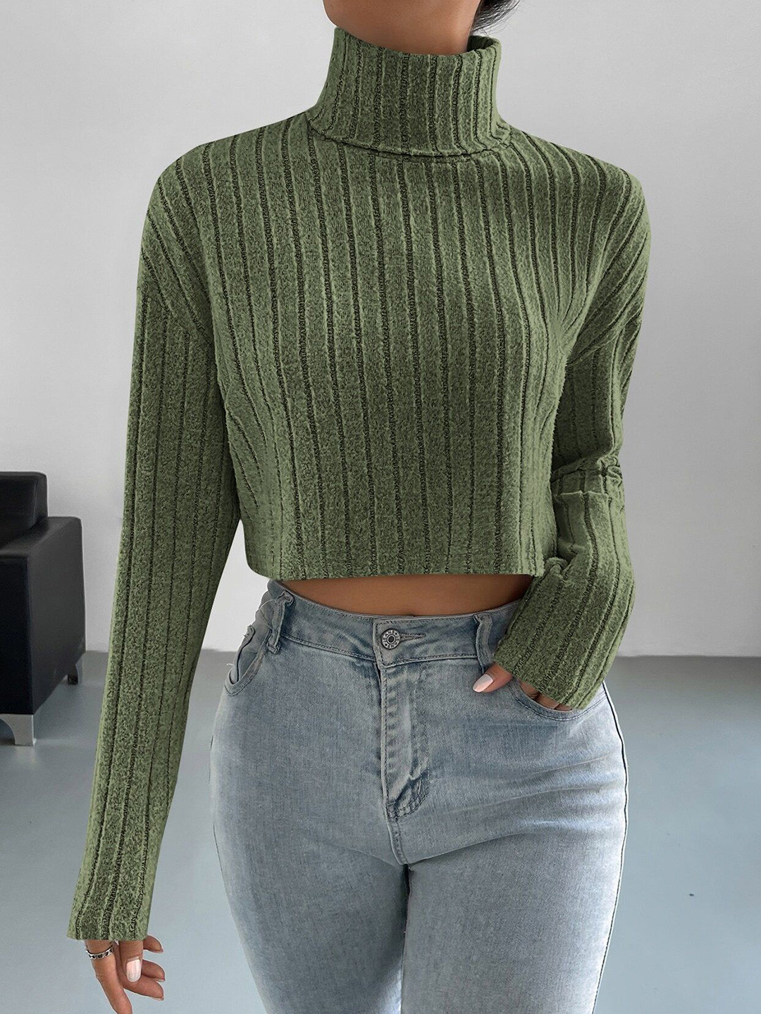 Outzidr Women High Neck Ribbed Boxy Crop Top