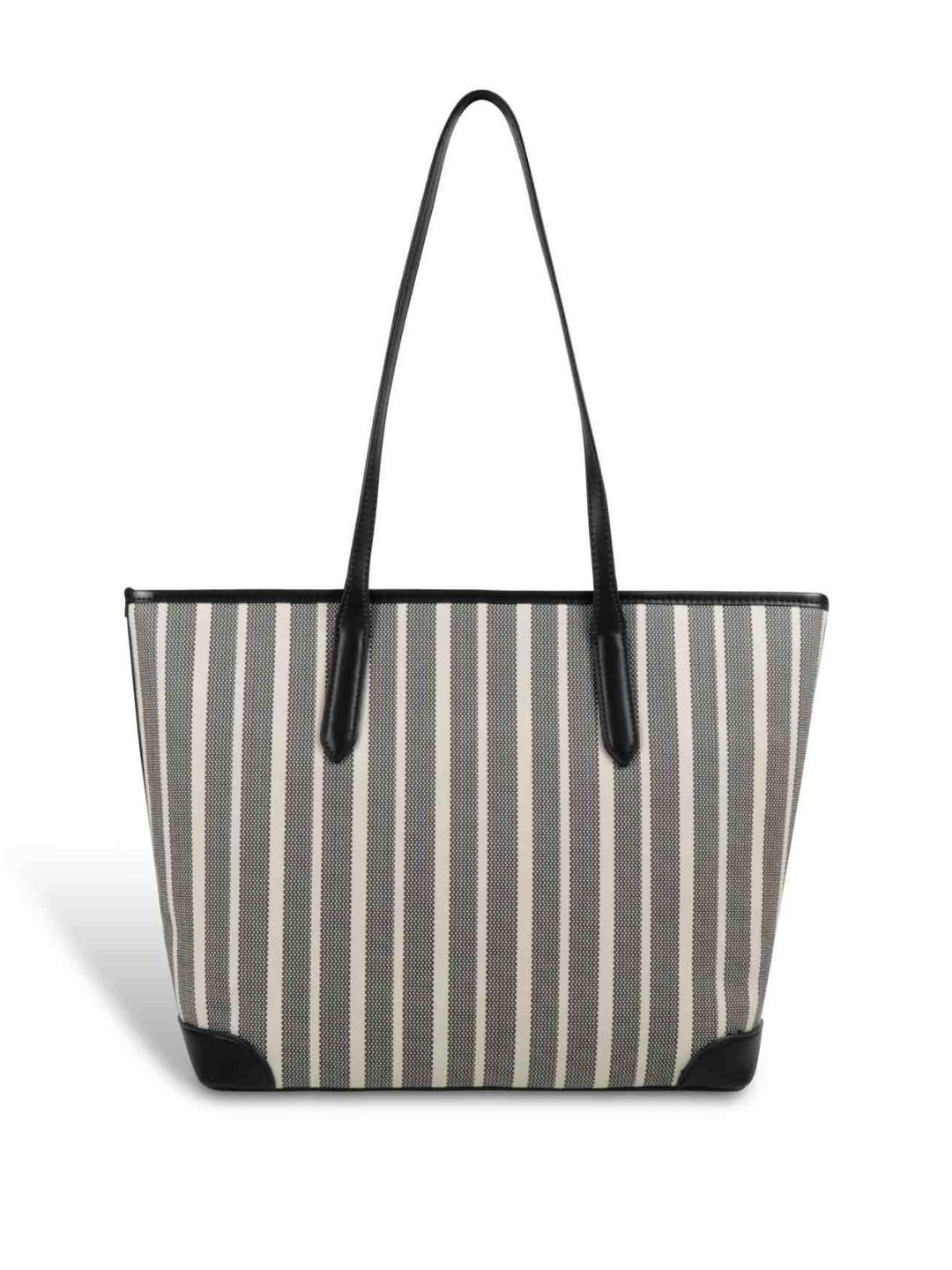MAGNOLIA Women Black Striped Detachable Sling Strap Shopper Tote Bag