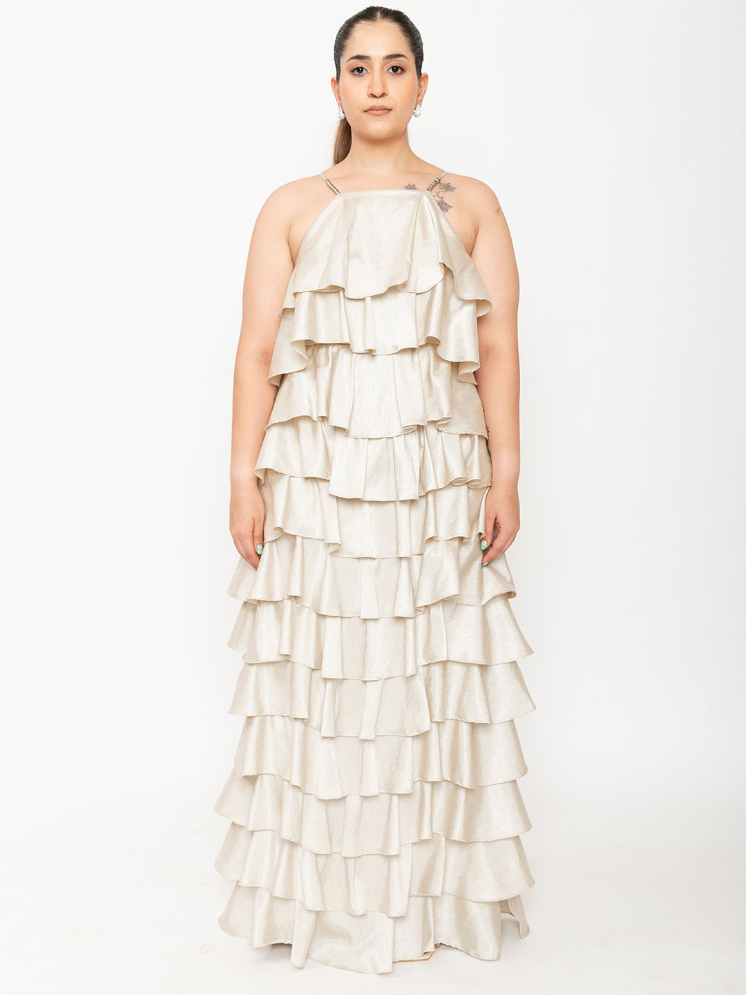 Contemponari Wild Flowers Women Shoulder Straps Layered Satin Maxi Dress