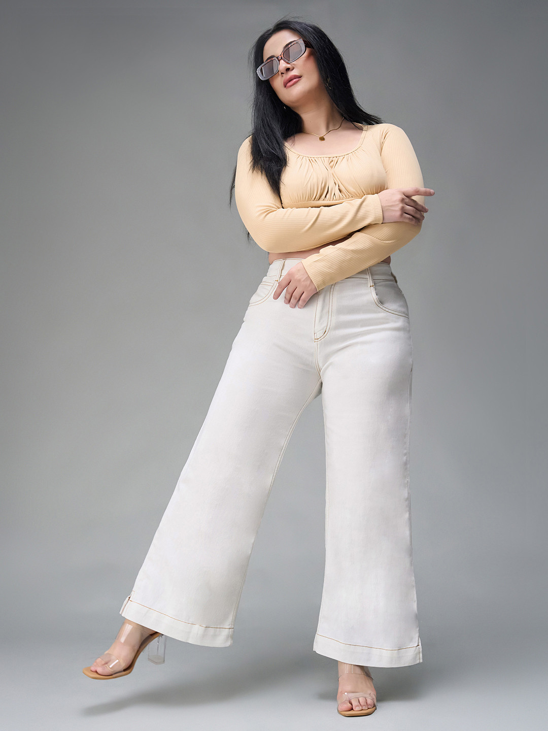 Miss Chase A+ Plus Size Women Flared Mid Rise Clean Look Ankle length Stretchable Denim Jeans