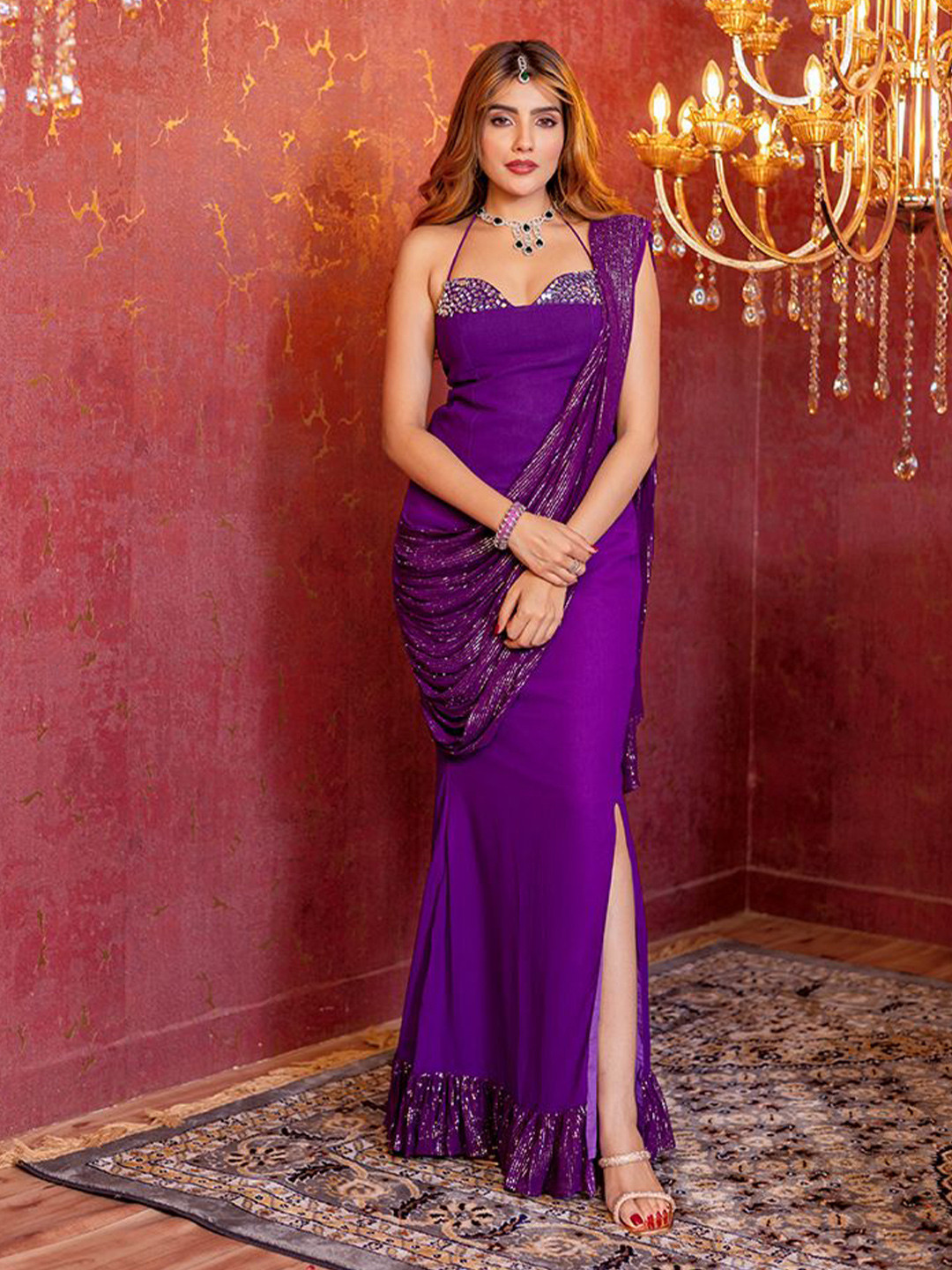 LABEL ADITI HUNDIA Naaz Embellished Mirror Work Georgette Pre Draped Saree