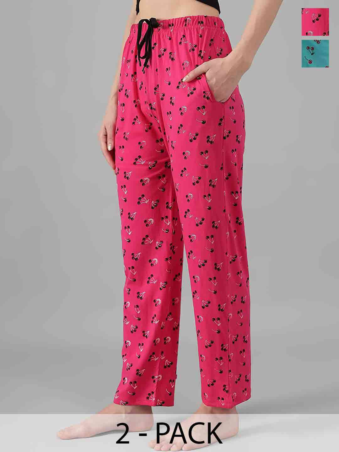 FIT N FAME Women Pack Of 2 Pink And Blue  Printed Casual Wear Pajamas