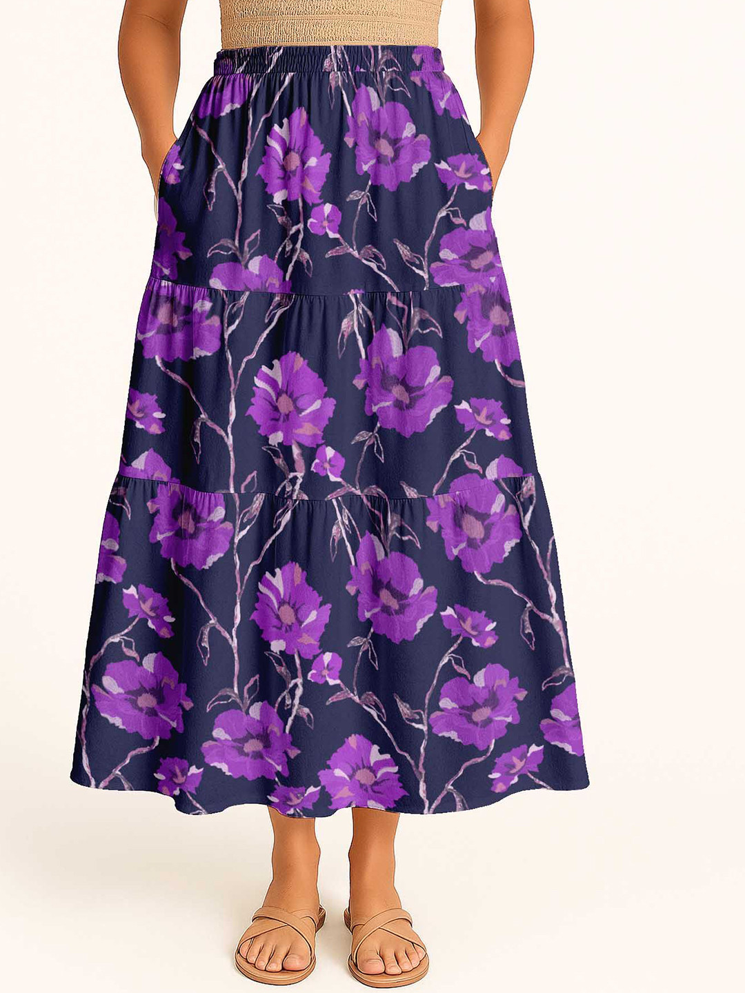Moomaya Floral Printed Flowy Tiered Boho Skirt