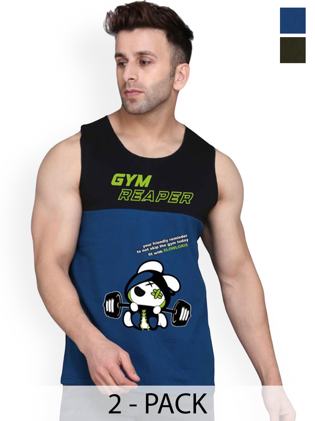 SLOWLORIS Pack Of 2 Printed Combed Cotton Gym Vests VSL26 CMB(GYM BLKPEACOCK)(LOOK OLIVE)