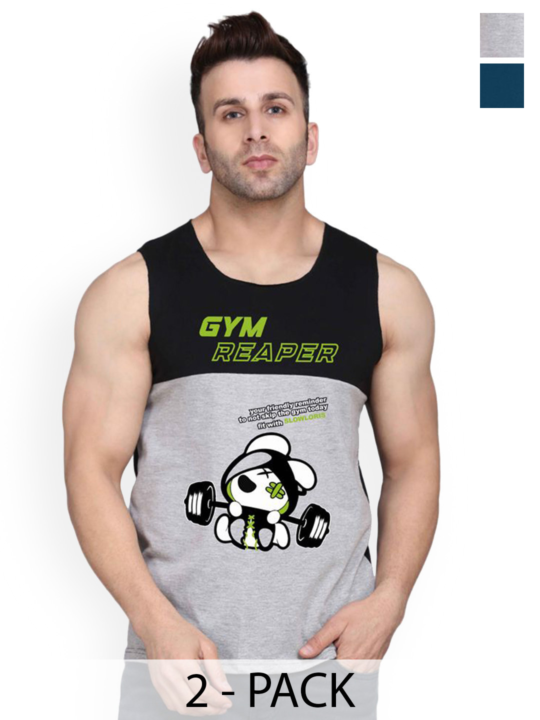 SLOWLORIS  Men Pack Of 2 Combed Cotton Gym Vests VSL26 CMB(GYM BLACKGREY)(OVRTNK PEACOCK)