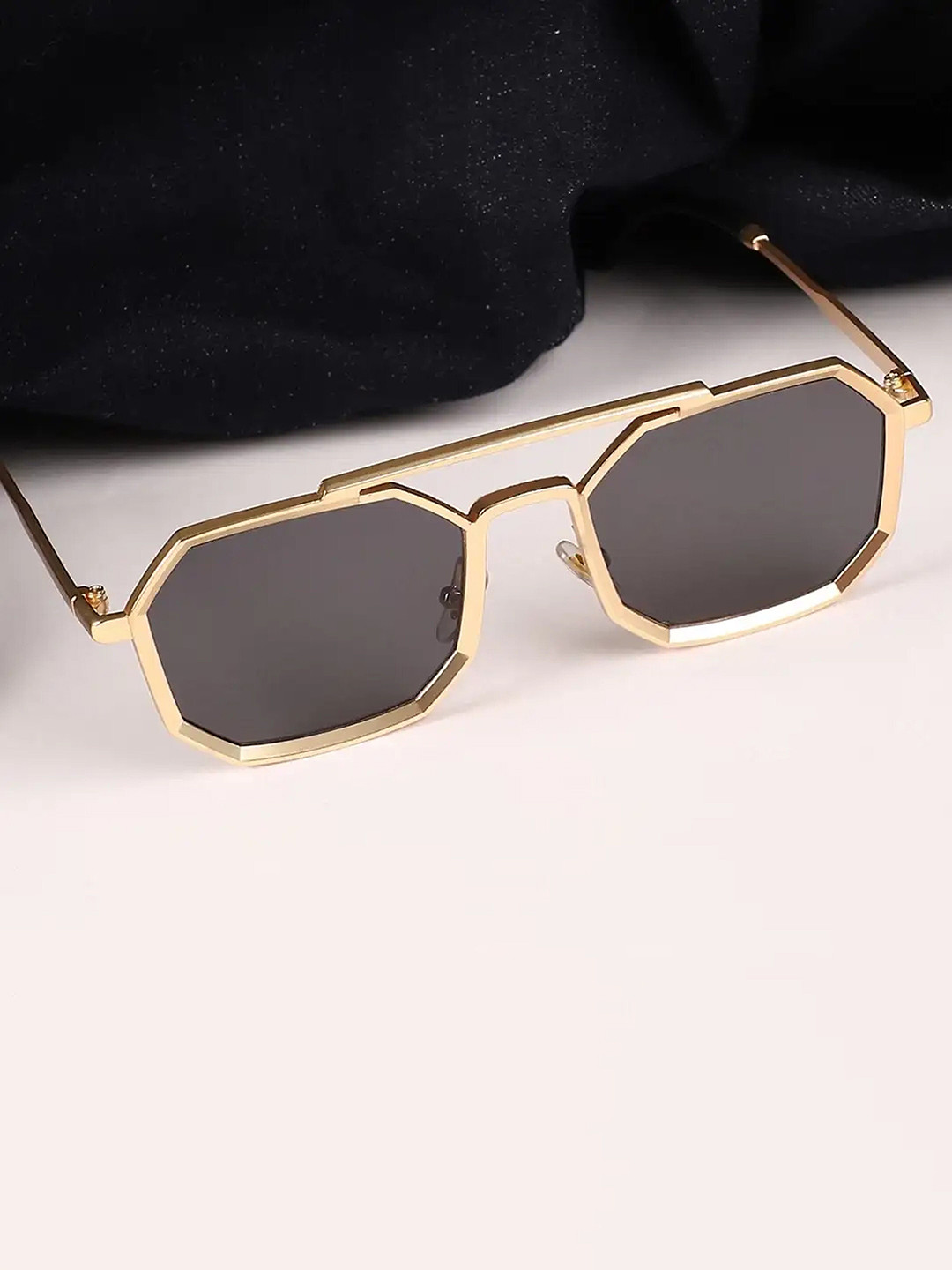 SPADEACES Unisex Aviator Sunglasses with UV Protected Lens GOLD BLACK HEXAGUN -565
