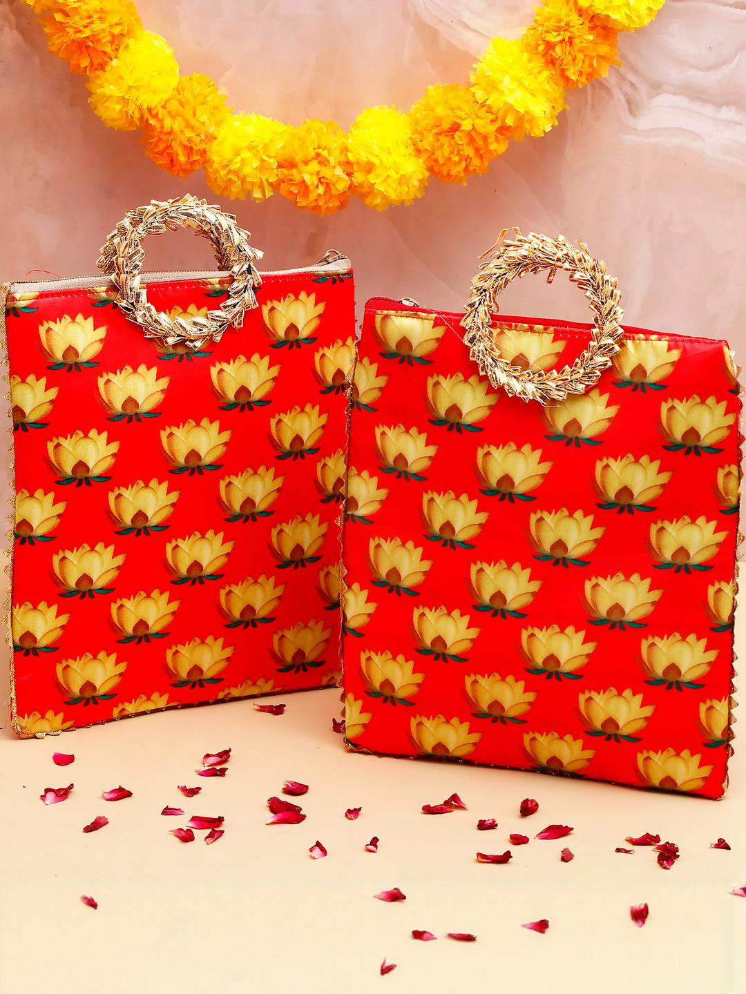 Archies Pack Of 2 Lotus Printed Ethnic Handcrafted Zip Up Fabric Bag