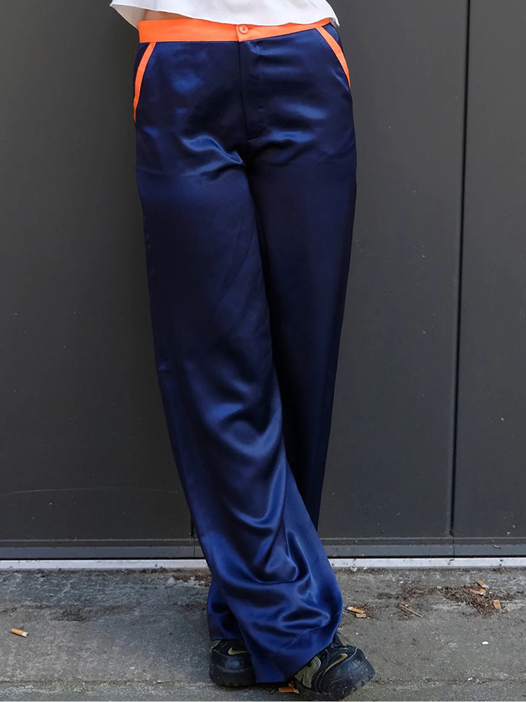 LULU & SKY Women Navy Blue High-Rise Wide Leg Trousers