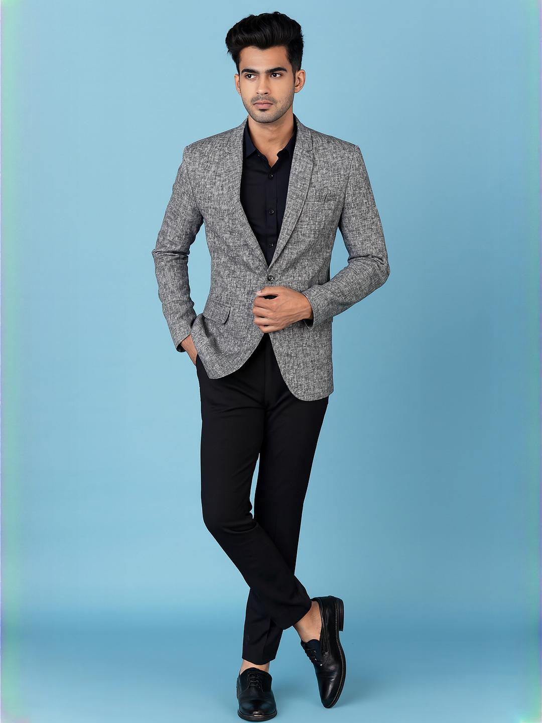 SHAHI ACHKAN Men Black & Grey Solid Single Breasted Semi Formal  Woven Blazer