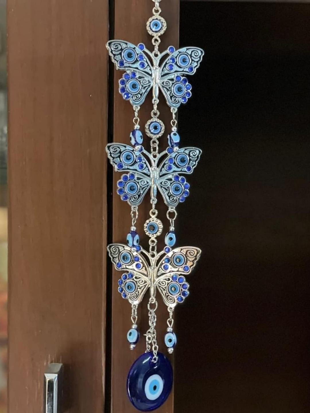 Blue Beads Evil Eye Key Shape Keychain With Three Layer Butterfly Wall Hanging Combo