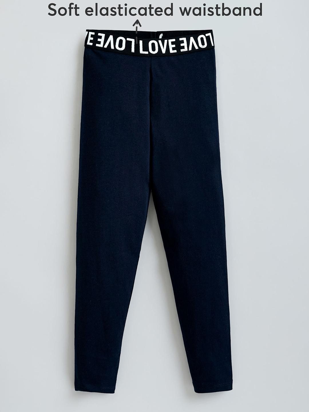 Hopscotch Girls Navy Blue Slogan Elastic Cotton Slip-On Leggings