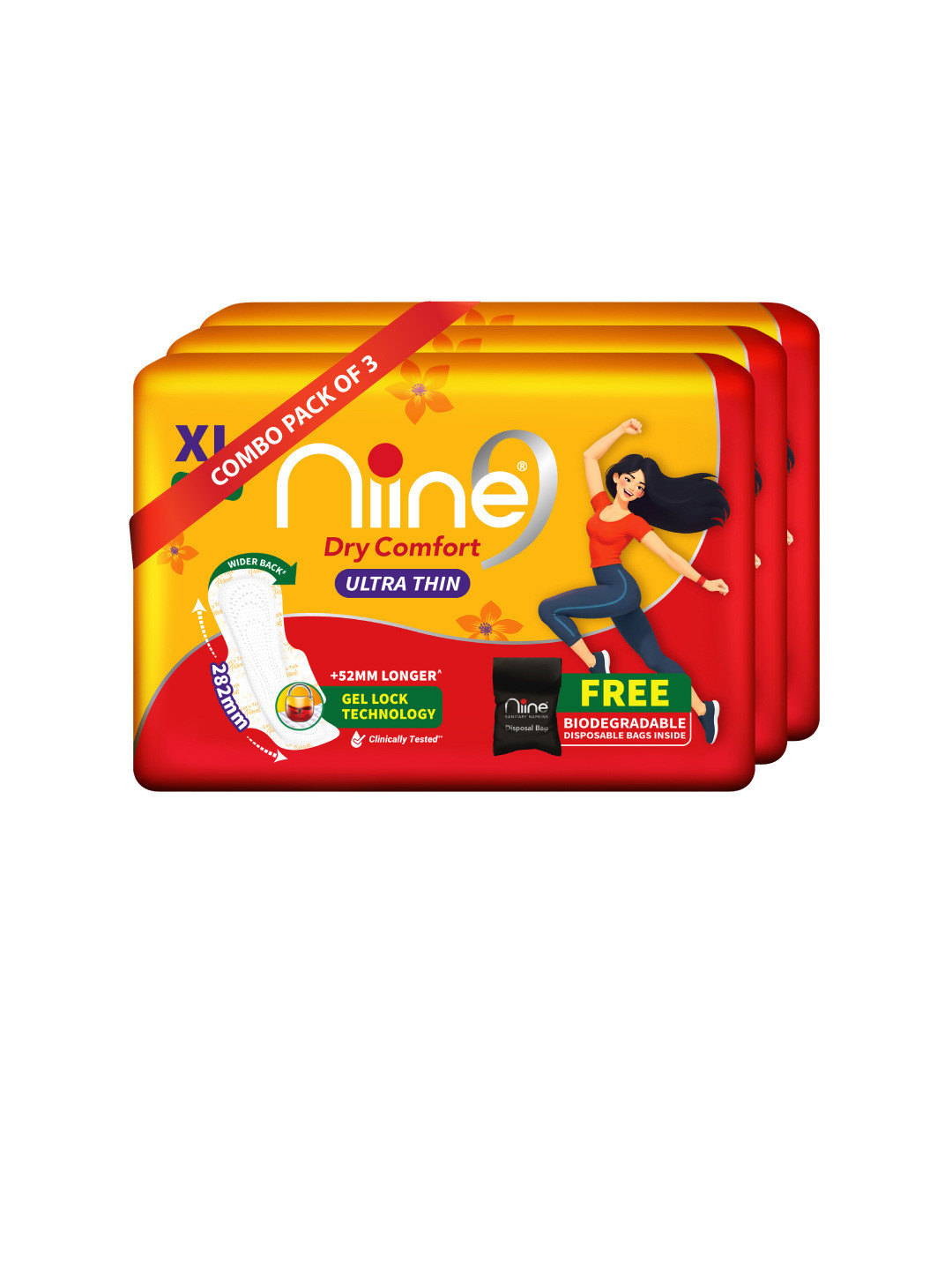 Niine Set of 3 XL Dry Comfort Ultra Thin Pads With Gel Lock And Disposable Bags 150 Pads