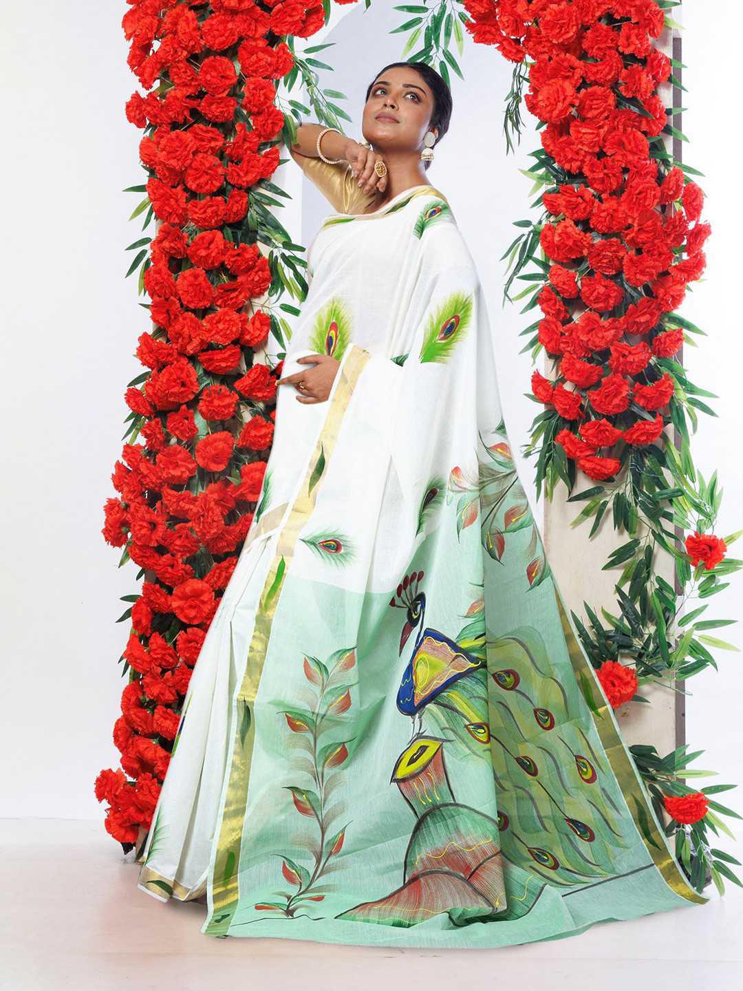 Unnati Silks Women Ethnic Motifs Printed Zari Traditional Kasavu Saree