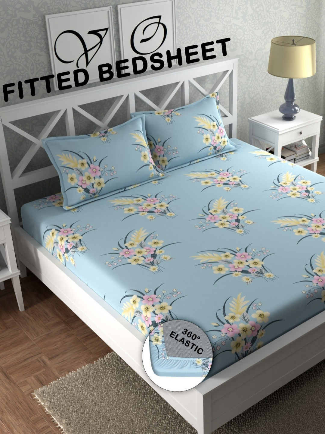 CHHAVI INDIA Blue & Yellow Floral Printed 210 TC Queen Bedsheet Set-1.98 m X 1.83 cm