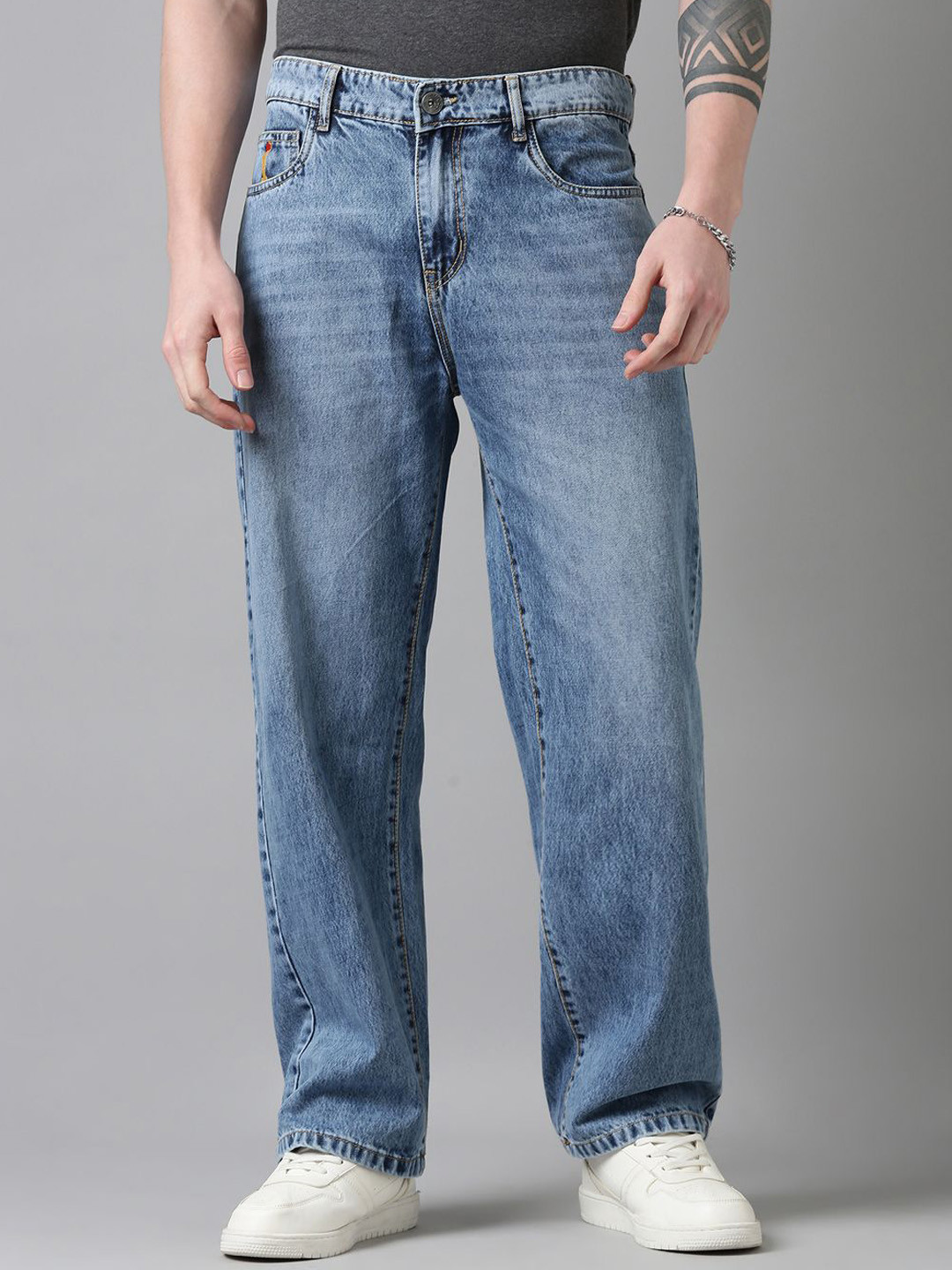 CINOCCI Men Baggy Mid-Rise Heavy Fade Cotton Jeans