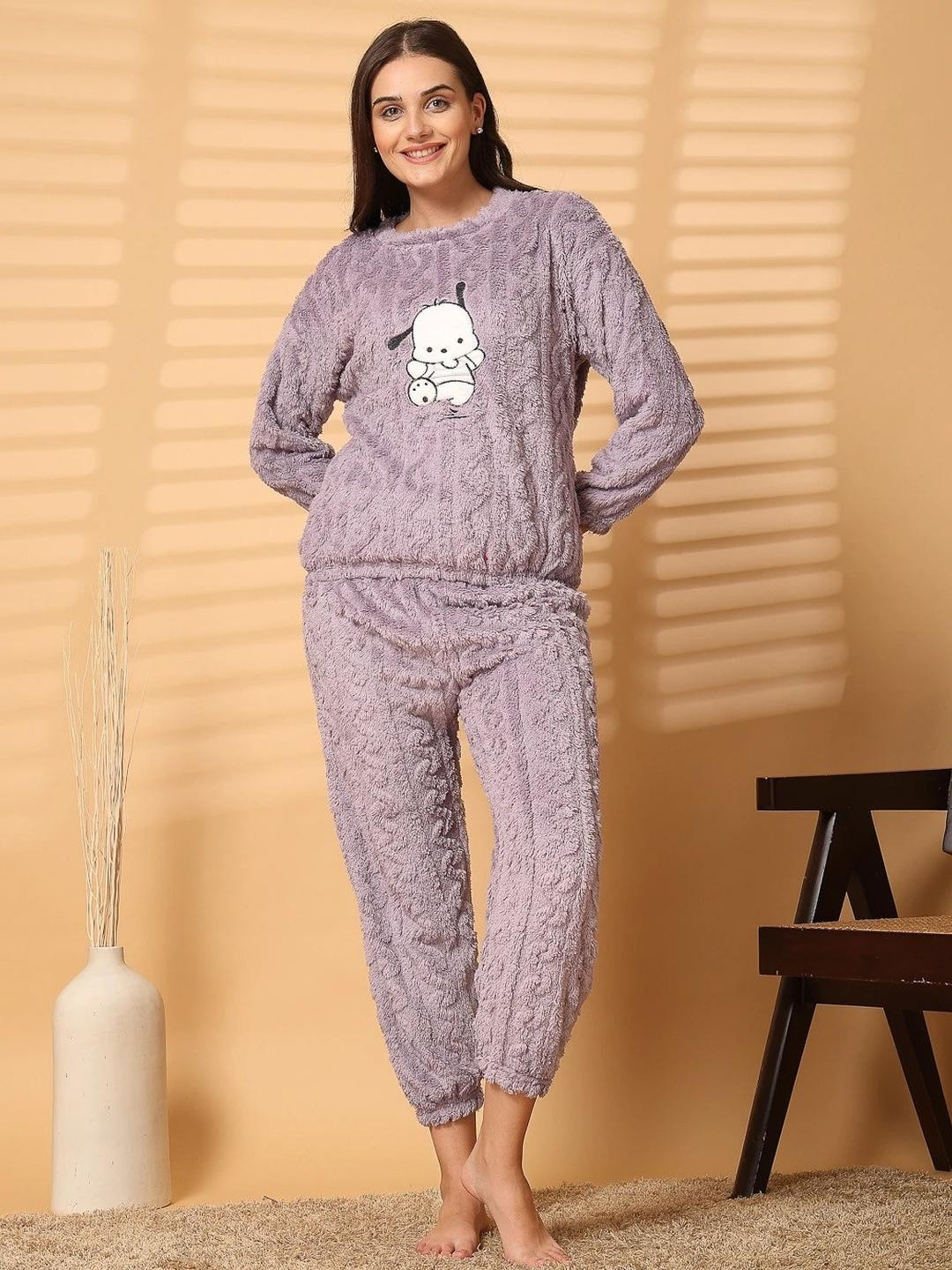 FITIN OUTFIT Women Purple & White Solid & Patch Full Sleeve Loungewear Set