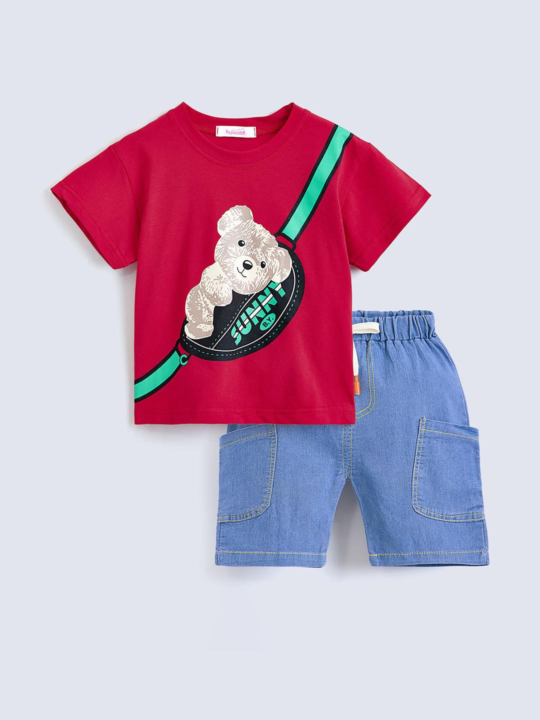 Hopscotch Boys Red & Blue Round Neck Teddy Printed Cotton T-shirt With Shorts