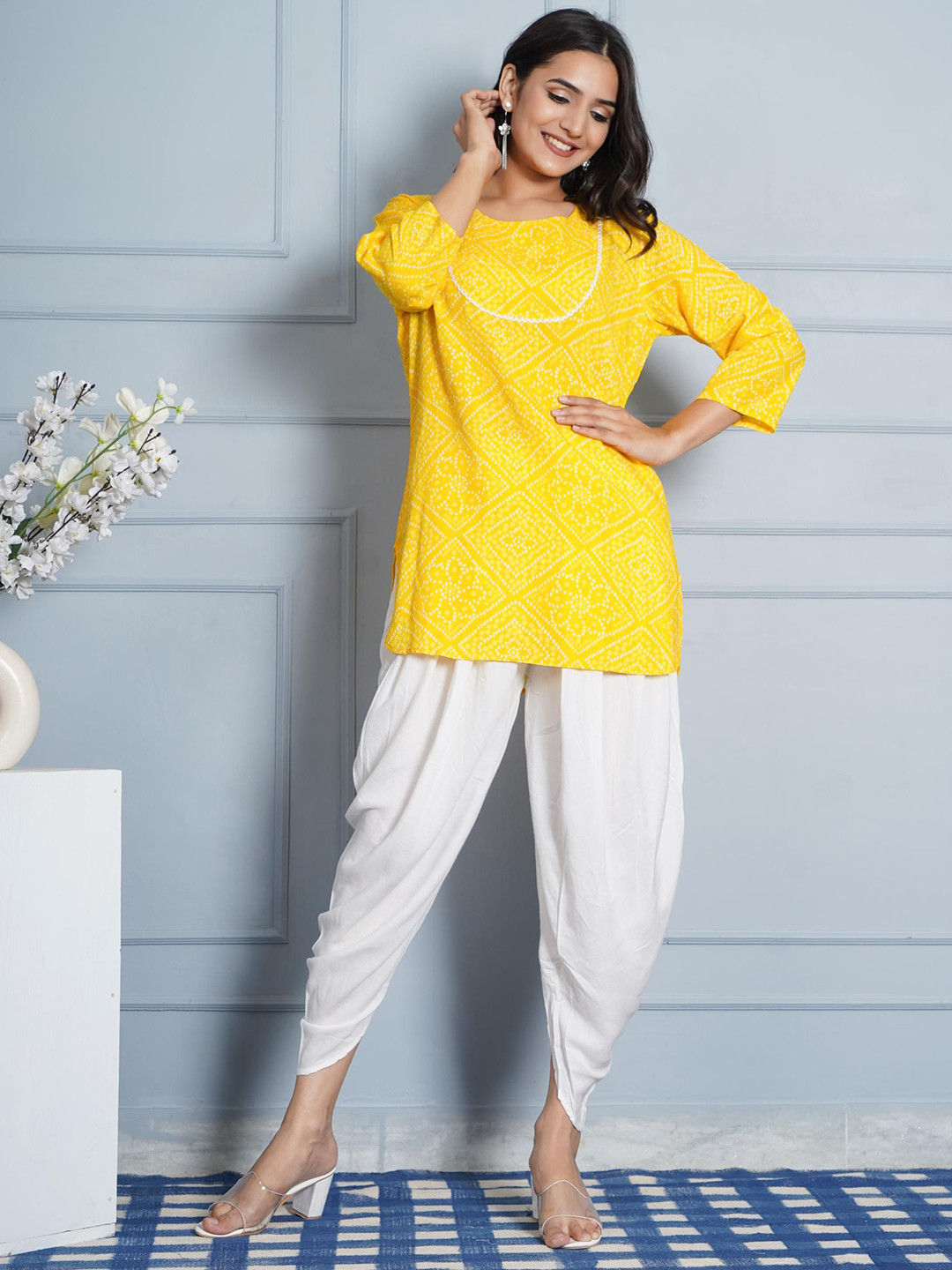 TULSILICIOUS Bandhani Printed Pure Cotton Tunic with Dhoti Pant Co-Ords