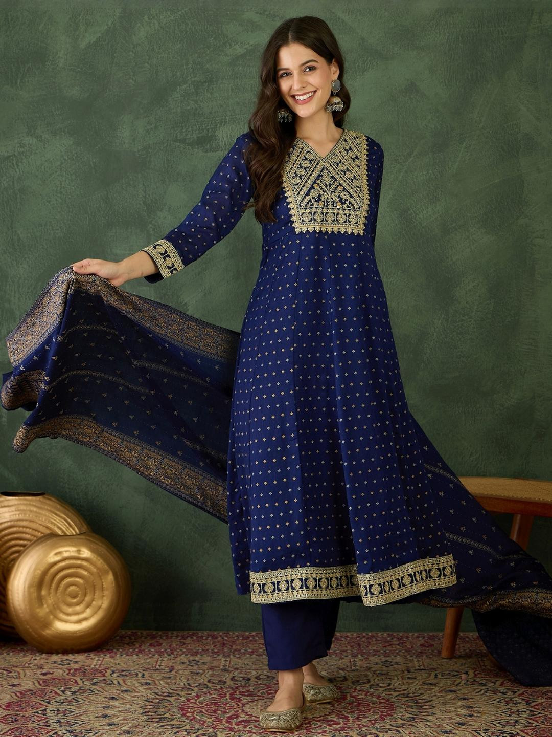 KALINI Women Blue Art Silk Embroidered Republic Day Republic Day Kurta Sets