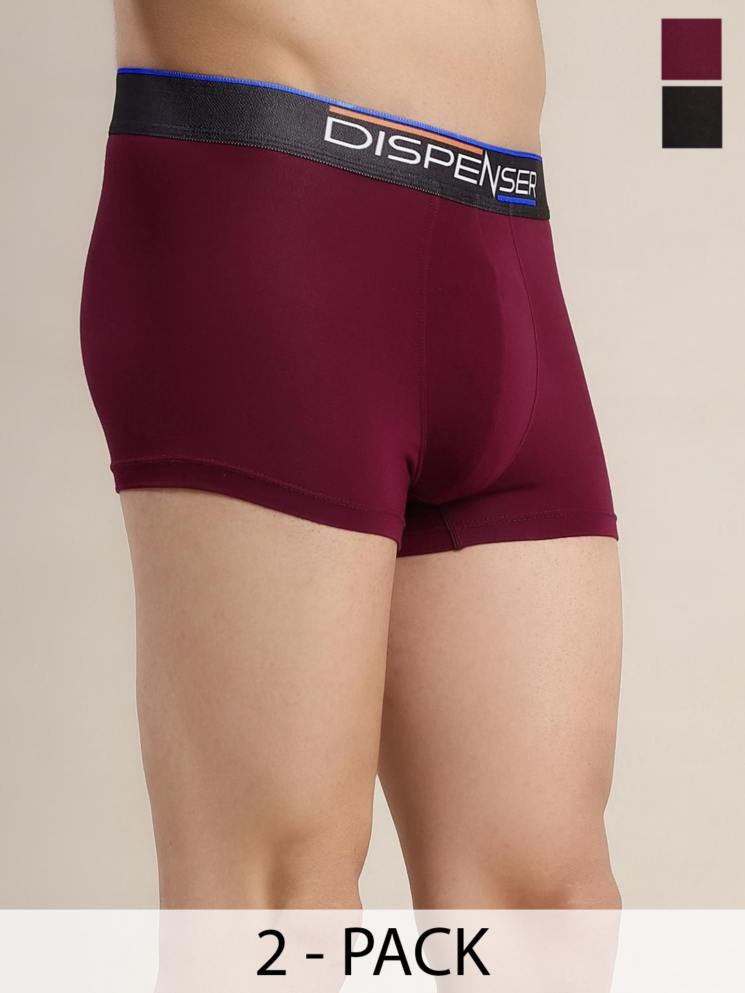 DISPENSER Pack Of 2 Soft Breathable Mid-Rise Trunks PACK OF 2-RE-S2-TRUNK-BLACK-MAROON-M