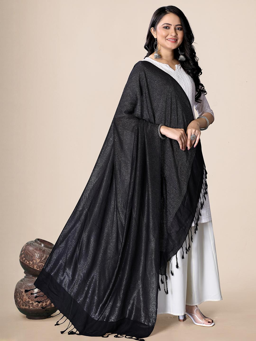EBADAT Women Black Viscose Rayon Solid Daily Wear Dupatta