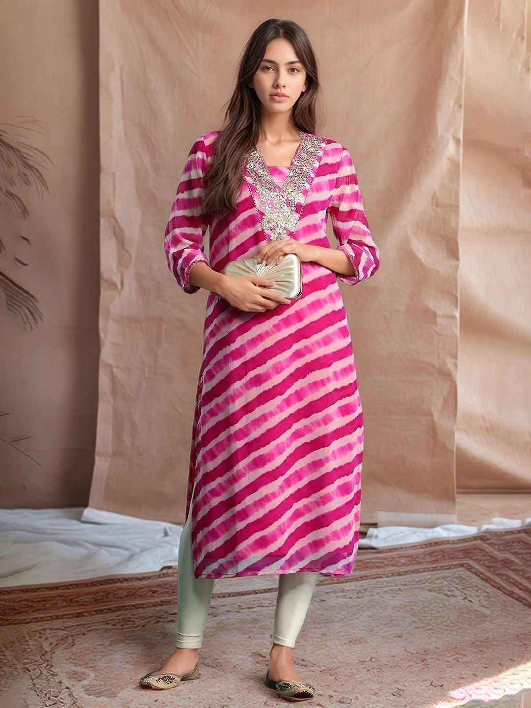 Tulip Eden Leheriya Printed Square Neck Thread Work Georgette Kurta