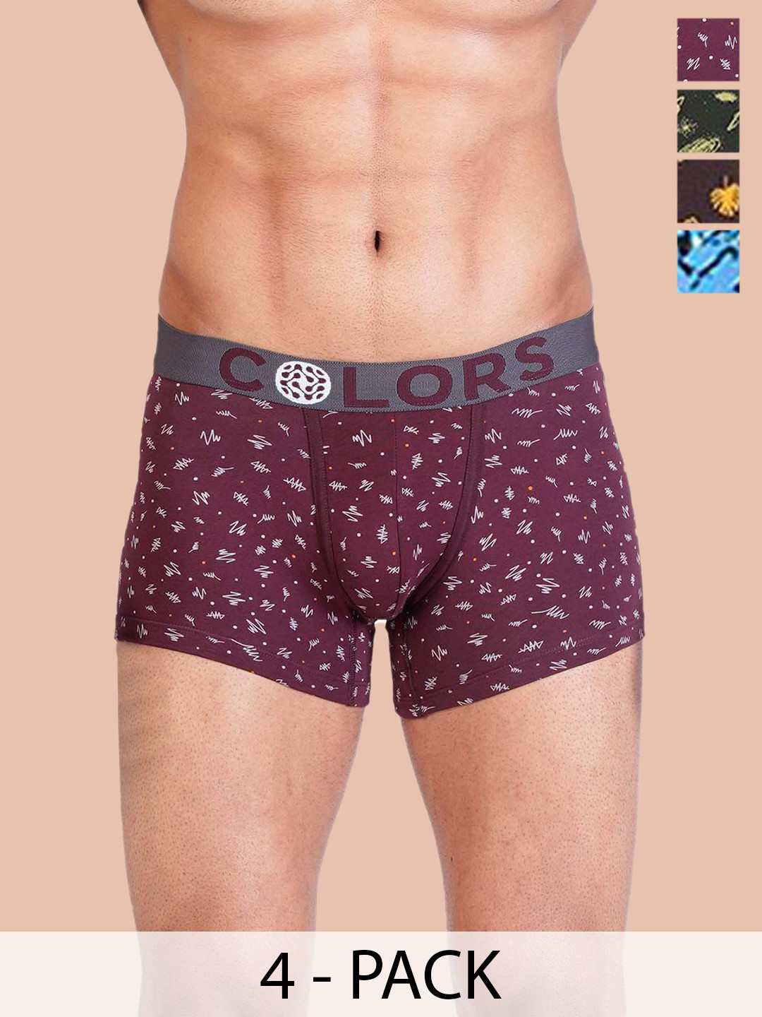 COLORS by Rupa Frontline Men Pack Of 4 Assorted Printed Long Trunks Colors-125-Asst-4