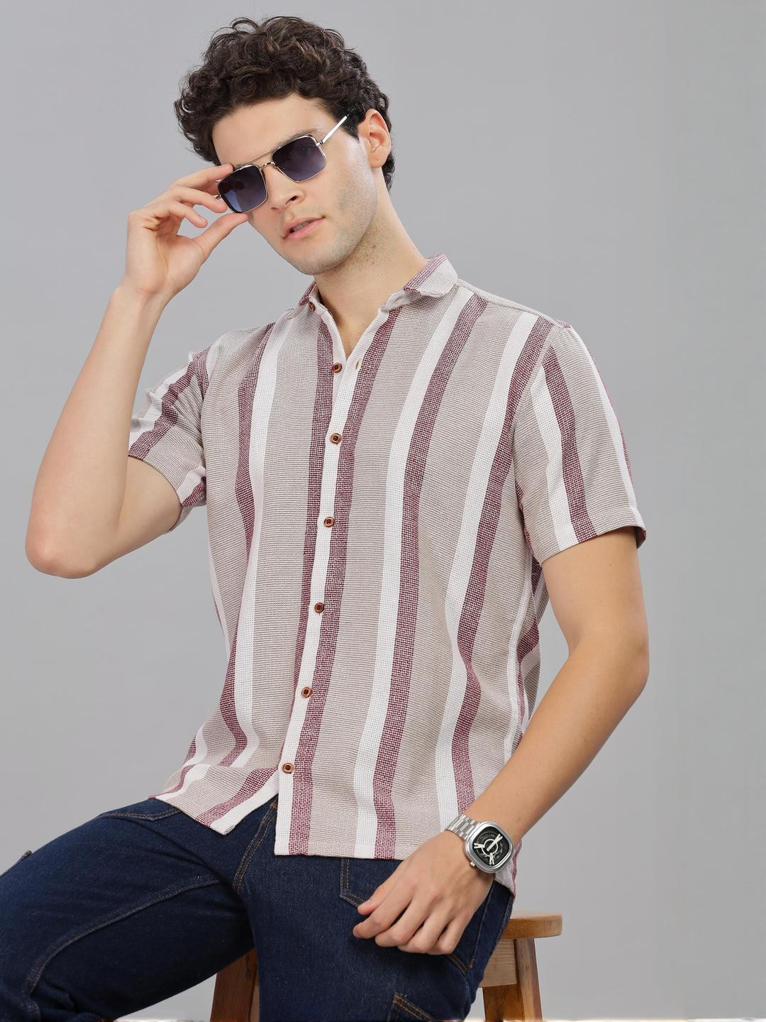 Moda Rapido Men Cream Polycotton Striped Classic Casual Shirts