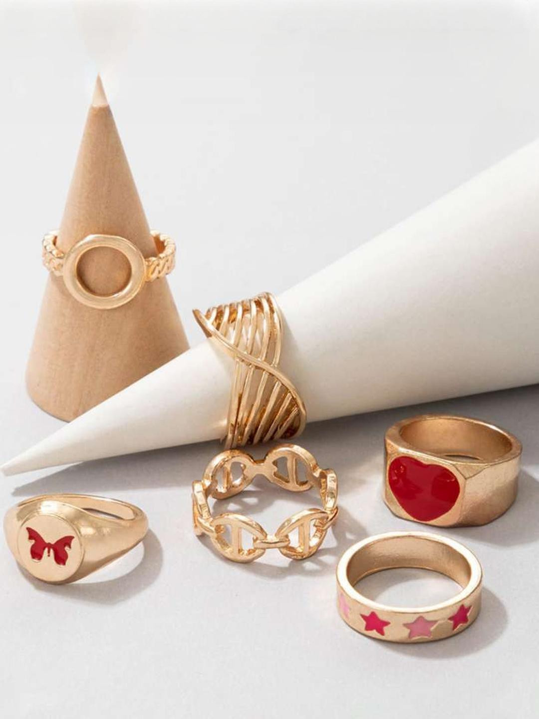 DressBerry Women Set Of 6 Red Color Alloy Gold-Plated Finger Ring