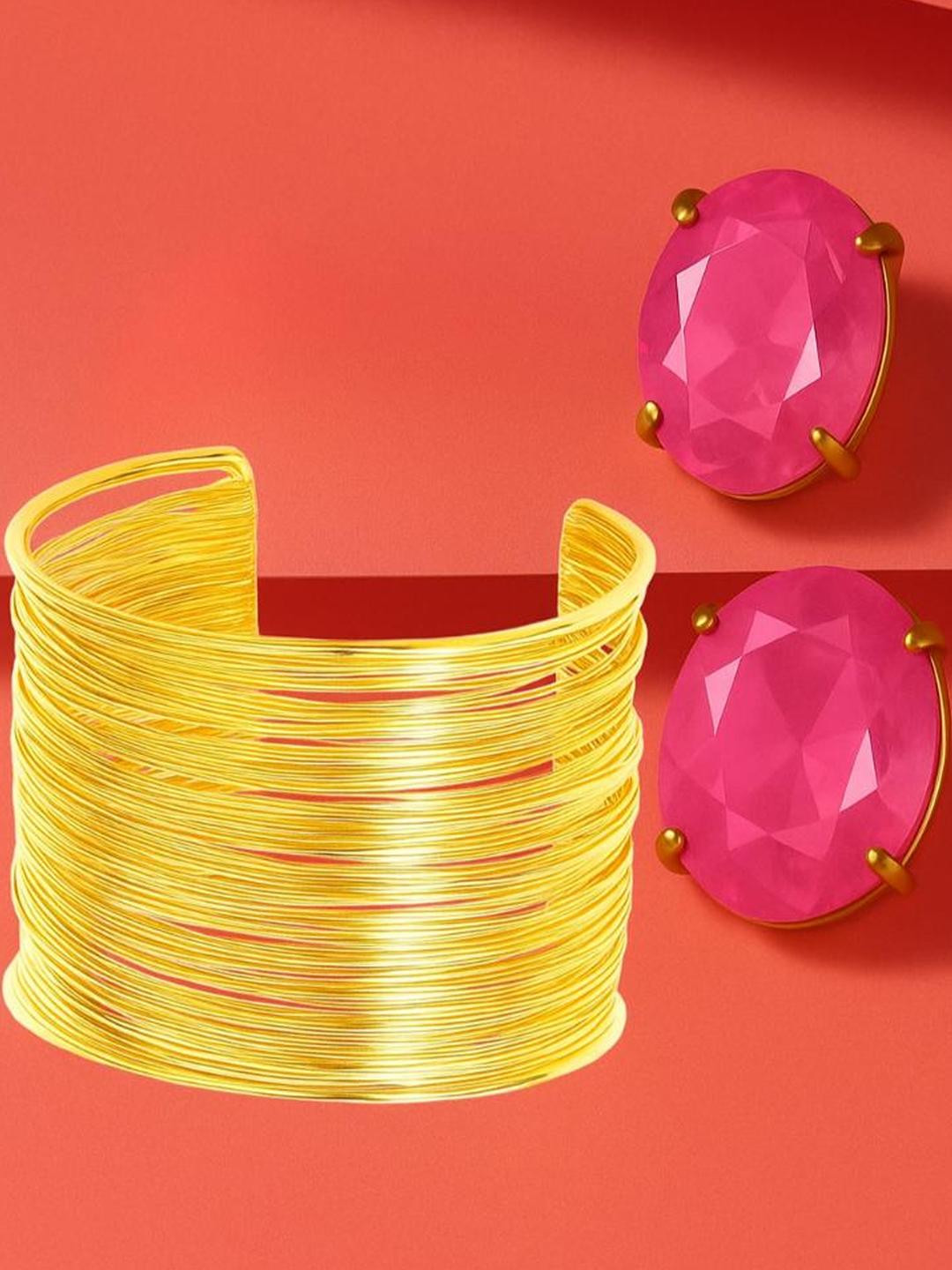 Anouk Combo Of 2 Dark Pink Korean Glass Crystal Stud Earrings with Cuff Bracelet