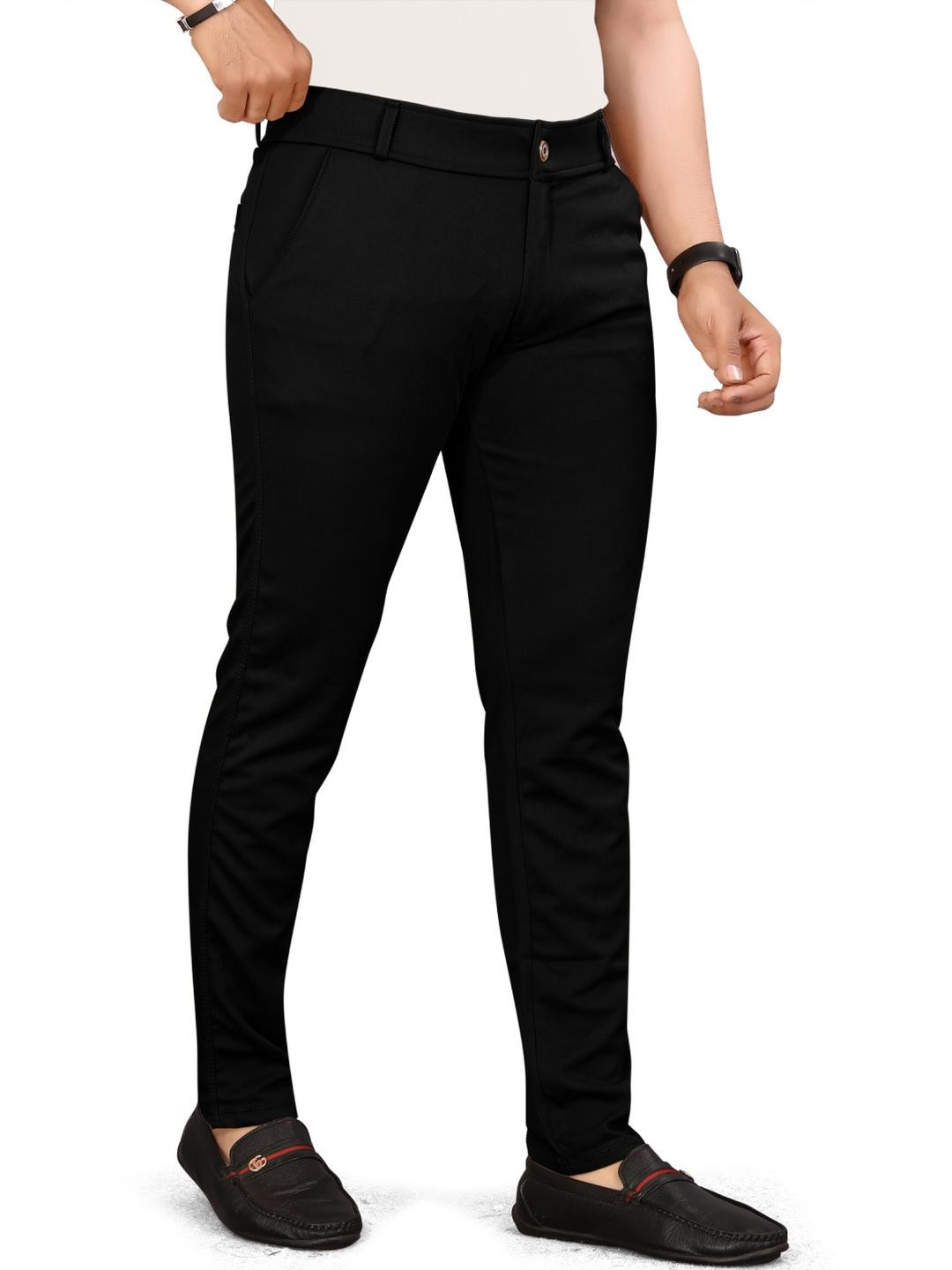 Alankrit Textiles Men Black Solid Mid-Rise Slim Fit Trousers