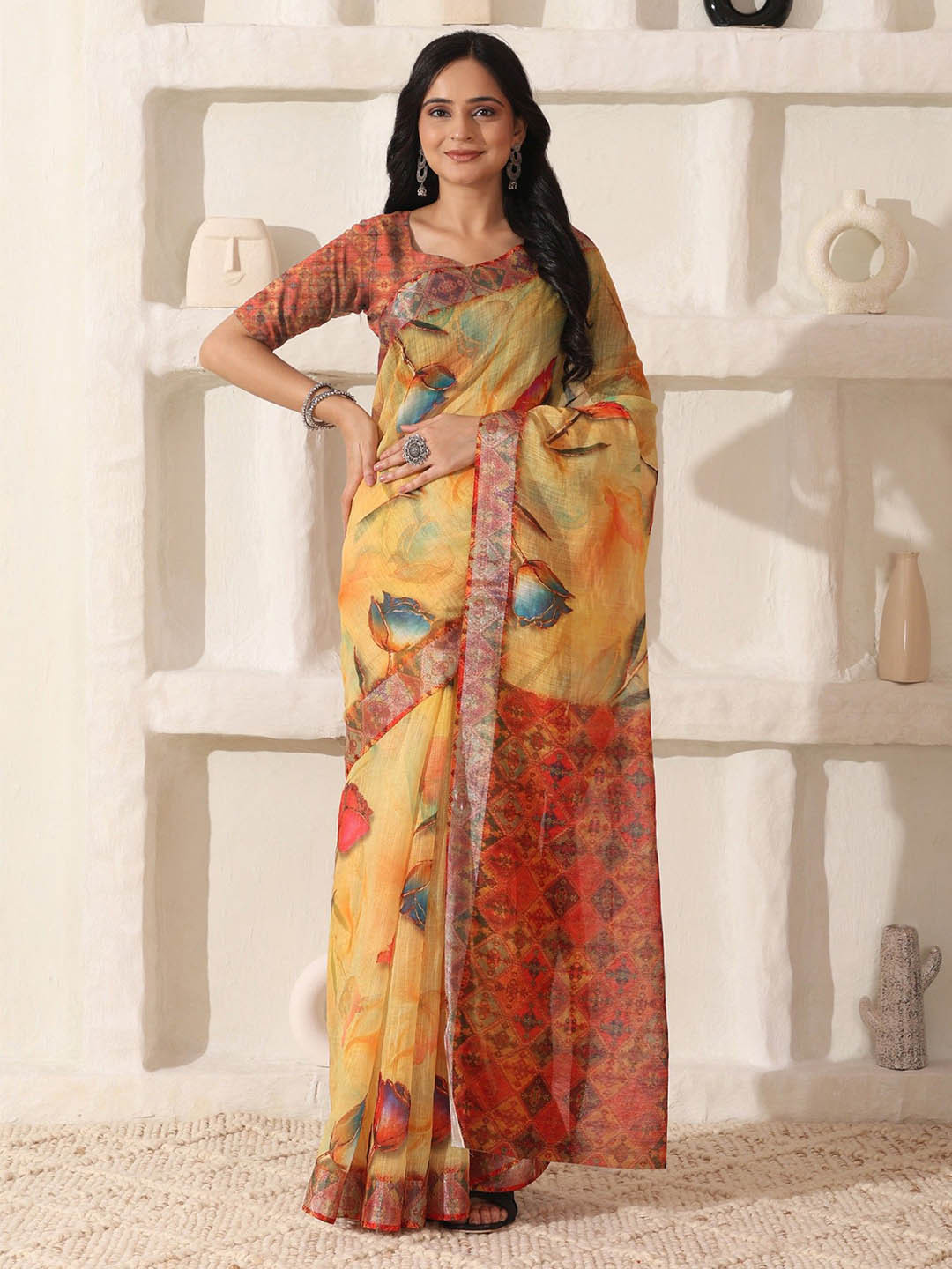 SHIVAM FABRICS Floral Printed Pure Linen Saree