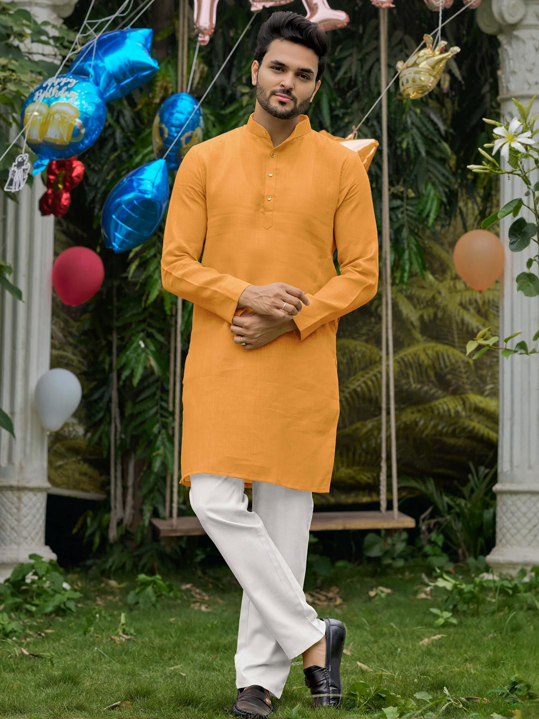 Archittam Men Yellow Linen Kurta Sets
