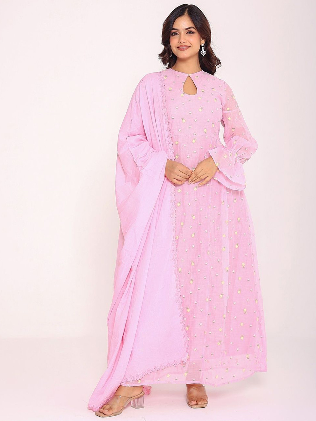 PRIYANKA CHOUDHARY Women Floral Embroidered Keyhole Neck Pure Cotton Ethnic Dresses