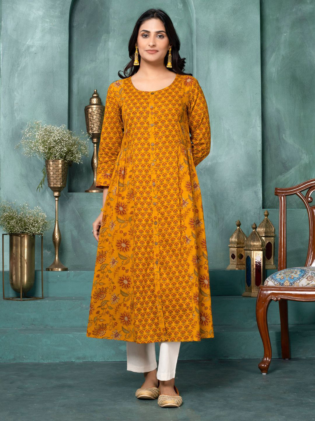 Saffron Floral Printed Threads Pure Cotton A-Line Kurta