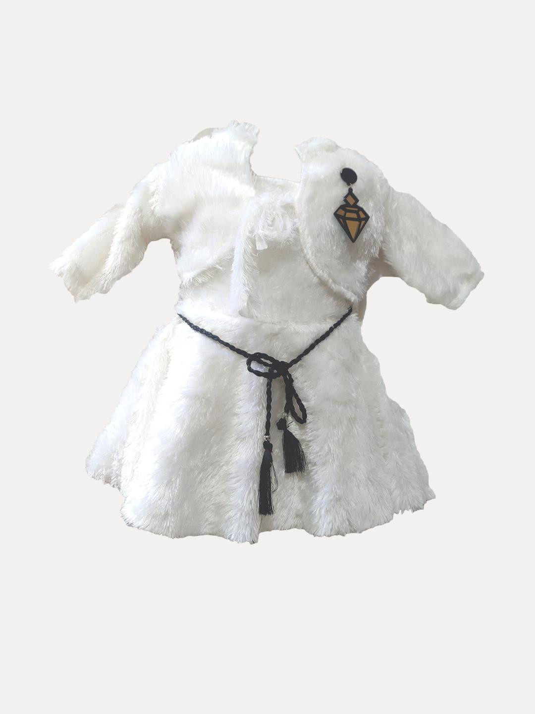 STUMBLE FASHION Girls White Round Neck Sleeveless Cotton Fit & Flare Dress With Overcoat